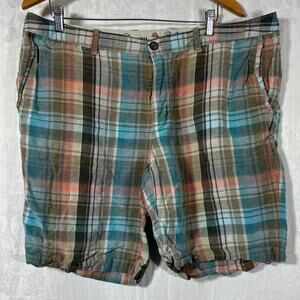 Tommy Bahama Shorts 40 Tan Blue Plaid Linen Tencel Bermuda 8" Inseam Preppy